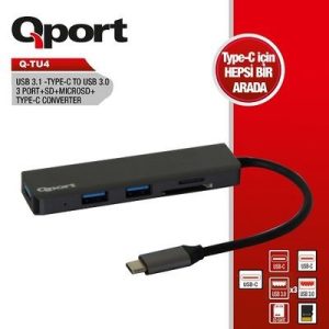 Qport Q-tu4 3port Type-c & Usb 3.0 Kart Okuyucu Siyah Usb